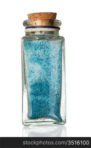 Glass jar with bath salts isolated on white background with reflection