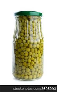 Glass jar with conserved green peas isolated on the white background
