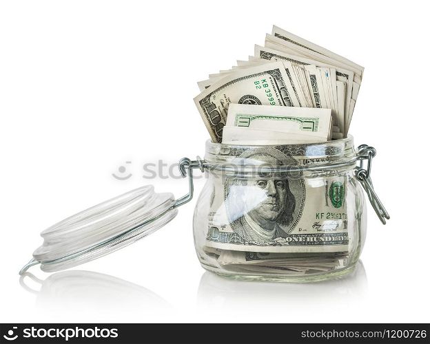 Glass jar with dollars isolated on a white background. Glass jar with dollars