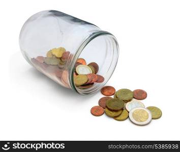 Glass jar with euro coins tipped over. Isolated on white.