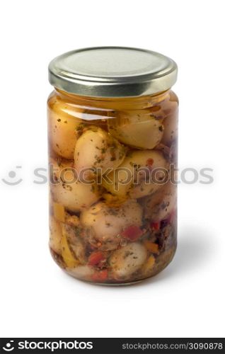 Glass jar with preserved Lampascioni, Tassel grape, isolated on white background