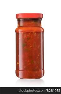 Glass jar with taco nachos salsa hot dip sauce on white.