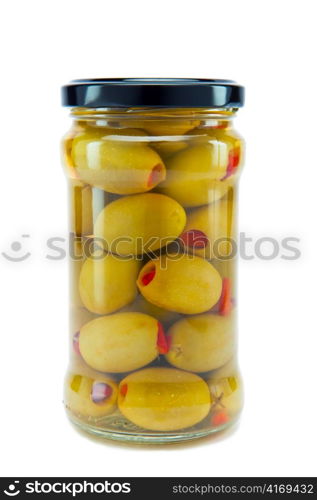 Glass jar with tinned olives