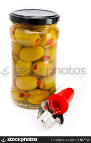 Glass jar with tinned olives And a can opener