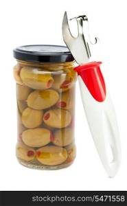 Glass jar with tinned olives and a can opener