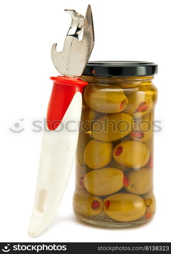 Glass jar with tinned olives and a can opener