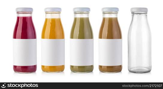 glass juice bottles isolated on white with white empty label