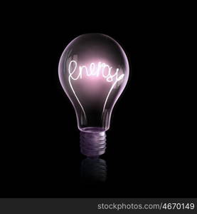 Glass light bulb. Glass light bulb with symbol inside on black background