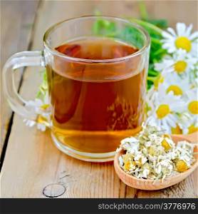 Glass mug with tea, wooden spoon with dry chamomile flowers, a bouquet of fresh chamomile flowers on a background of wooden boards