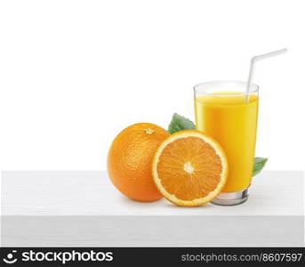Glass of 100% Orange juice with pulp and sliced fruits on white wooden table with copy space