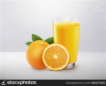 Glass of 100  Orange juice with sacs and sliced fruits isolate on white background