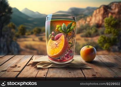Glass of abstract fruit juice with fresh fruits on wooden table with summer field background. Neural network AI generated art. Glass of abstract fruit juice with fresh fruits on wooden table with summer field background. Neural network generated art