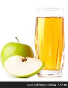 glass of apple juice and green apples isolated on white