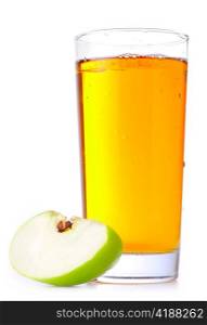 glass of apple juice and green apples isolated on white