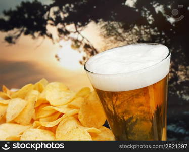 glass of beer and potato chips in a landscape