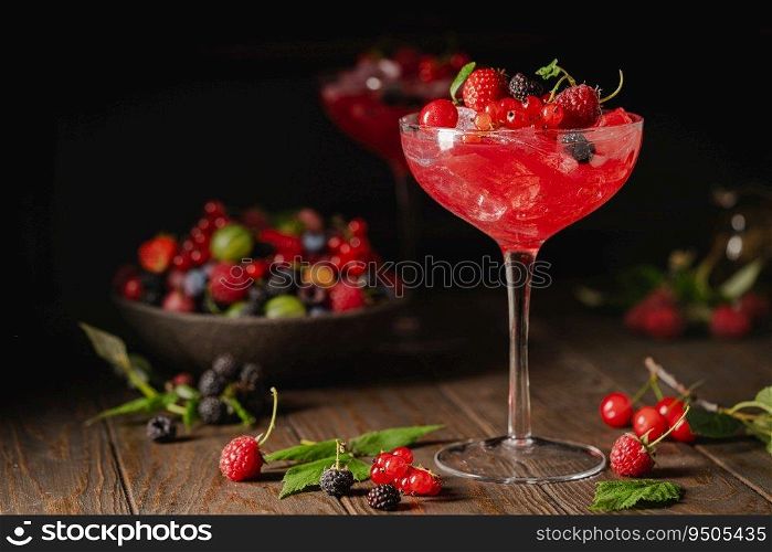 Glass of berry cocktail with fresh berries on wooden background. Glass of berry cocktail