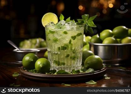Glass of caipirinha cocktail on table