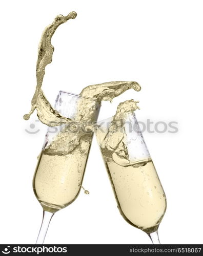 Glass of champagne. Two festive champagne glasses with splash close up isolated on white background