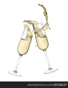 Glass of champagne. Two festive champagne glasses with splash isolated on white background