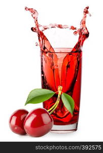 Glass of cherry juice with splash and berries isolated on white background. Glass of cherry juice with splash and berries