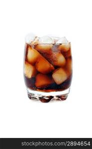 glass of cola and ice isolated on white with copy space