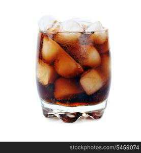 glass of cola and ice isolated on white with copy space