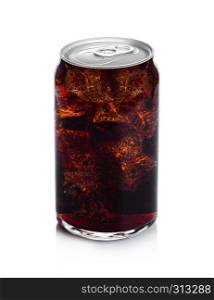 Glass of cold cola soda drink with ice cubes aluminium tin top on white background
