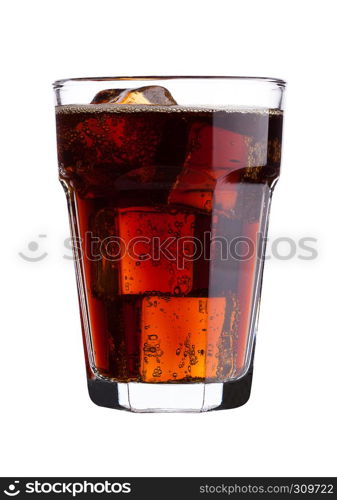 Glass of cold cola soda drink with ice cubes on white background