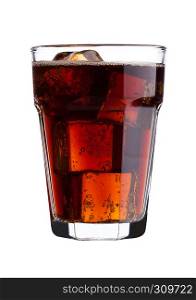 Glass of cold cola soda drink with ice cubes on white background