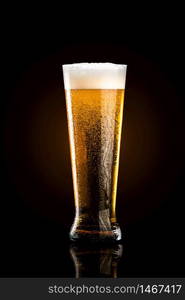 Glass of cold golden beer isolated on a black background. Glass of beer on black background