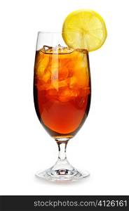 Glass of cold iced tea with ice and lemon