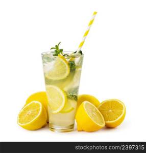 Glass of fresh lemonade isolated on white background. Glass of fresh lemonade