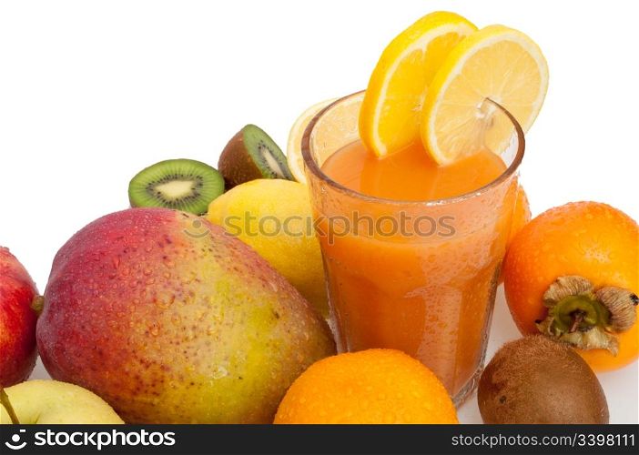 Glass of Fresh Multivitamin Juice - Oranges, Lemons, Kiwi, Mango, Apples and Persimmon Fruits