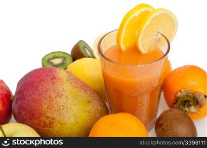 Glass of Fresh Multivitamin Juice - Oranges, Lemons, Kiwi, Mango, Apples and Persimmon Fruits