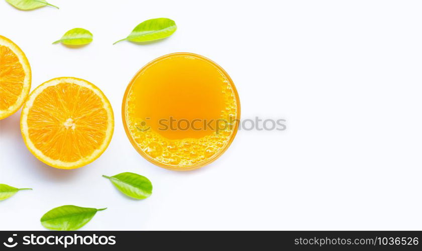 Glass of fresh orange juice on white background. Top view with copy space