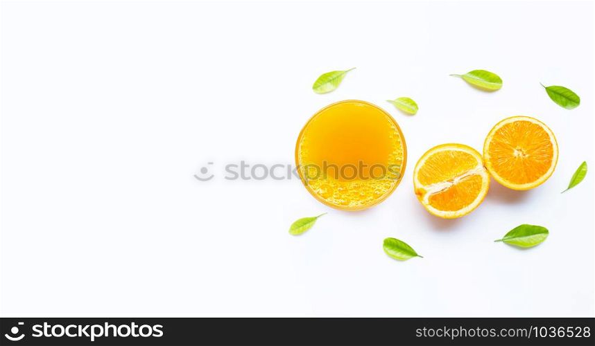 Glass of fresh orange juice on white background. Top view with copy space