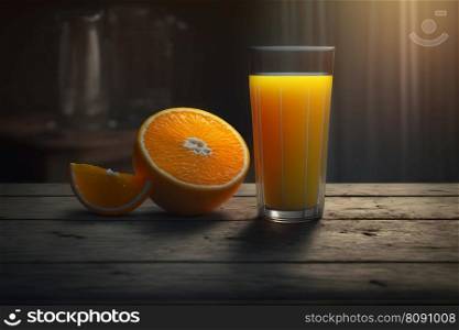 Glass of fresh orange juice with fresh fruits on wooden table. Neural network AI generated art. Glass of fresh orange juice with fresh fruits on wooden table. Neural network AI generated