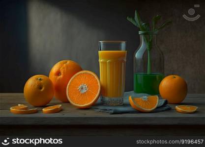 Glass of fresh orange juice with fresh fruits on wooden table. Neural network AI generated art. Glass of fresh orange juice with fresh fruits on wooden table. Neural network AI generated