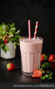 Glass of fresh strawberry milkshake, smoothie and fresh strawberries on dark background. Healthy food and drink concept.. Glass of fresh strawberry milkshake