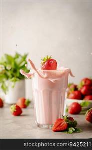 Glass of fresh strawberry splashing milkshake, smoothie and fresh strawberries on light background. Healthy food and drink concept.. Glass of fresh strawberry milkshake