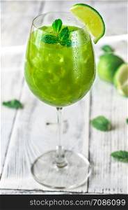 Glass of green mojito with fresh mint and slice of lime