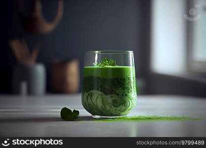 Glass of greenery smoothie in white floor. Illustration AI Generative 