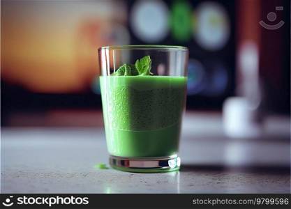 Glass of greenery smoothie in white floor. Illustration AI Generative 