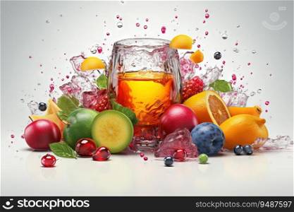 Glass of juice with fruits and berries on the table. Drink splash of sweet organic cocktail. Generated AI