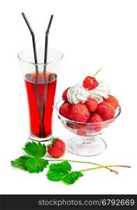 glass of juice with ice cream and strawberries isolated on white