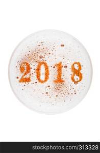 Glass of lager ale beer top with 2018 year digits shape on white background top view