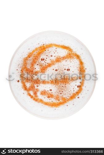 Glass of lager ale beer top with basketball shape on white background top view
