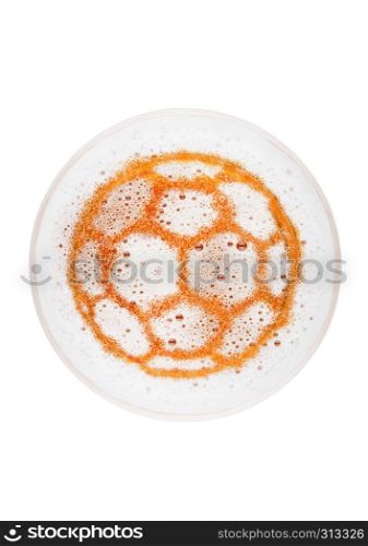 Glass of lager ale beer top with football shape shape on white background top view