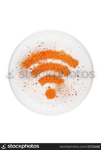 Glass of lager ale beer top with wi-fi symbol shape on white background top view