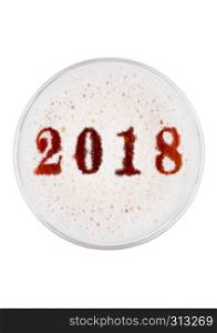 Glass of lager red beer top with 2018 year digits shape on white background top view